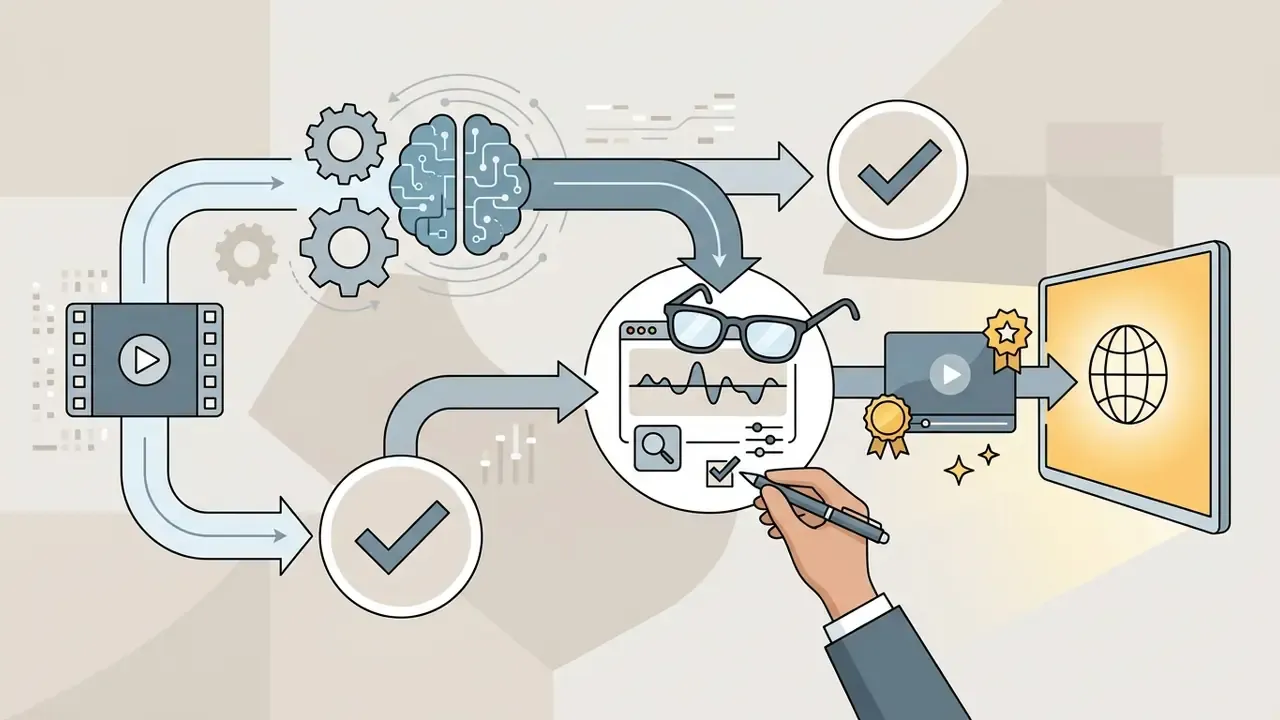 Hand using a pen to review and approve AI-generated video content through a human-in-the-loop workflow