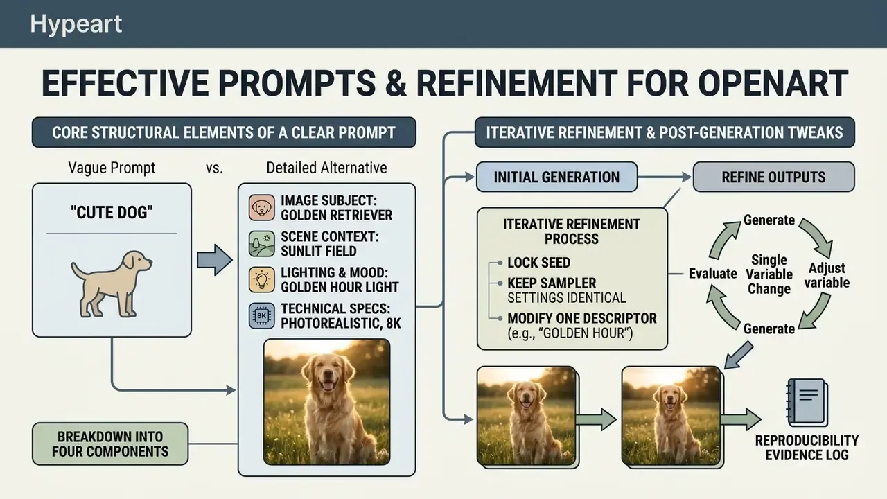 Infographic comparing vague and detailed prompt structures alongside an iterative refinement cycle