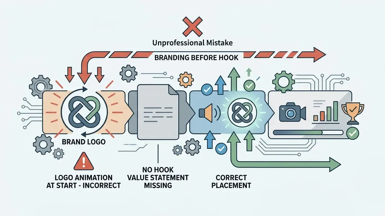 Flowchart showing incorrect logo placement at the start versus correct placement after a value statement
