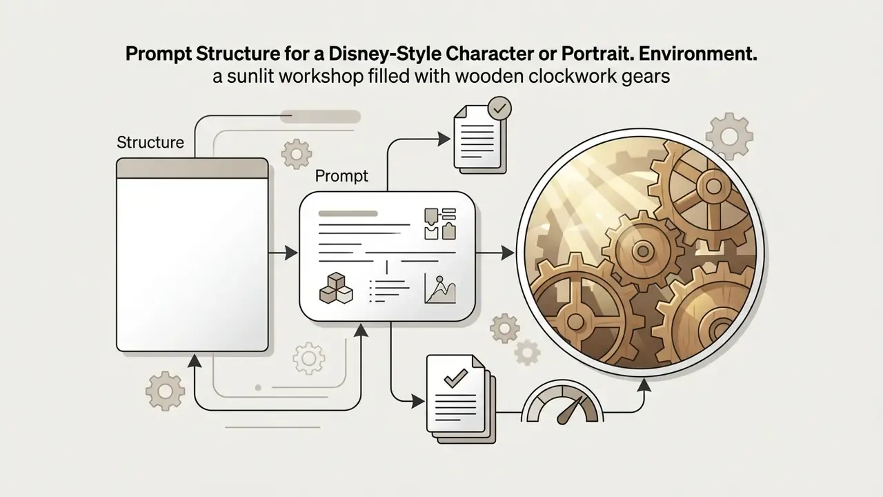 Prompt input blocks connecting to a circular view of a sunlit wooden gear workshop