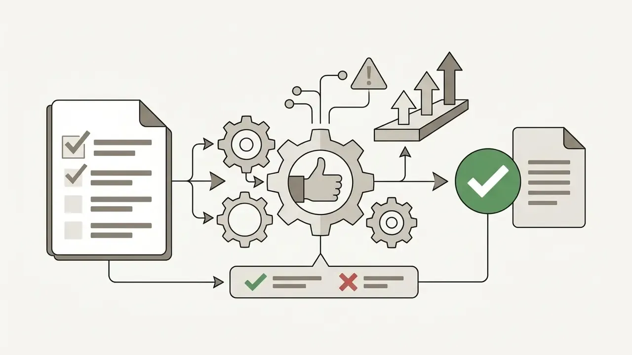 Checklist document feeding into a gear system with a thumbs up icon leading to a final approved status