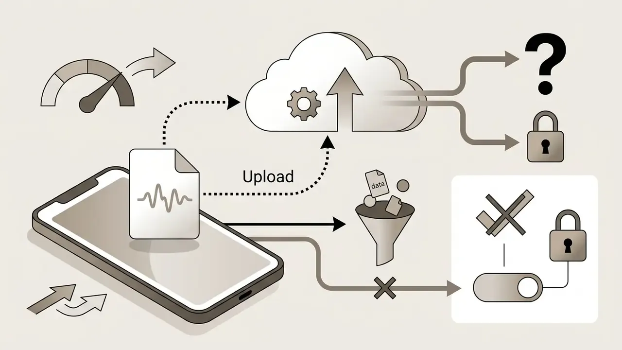 Smartphone uploading audio files to a cloud server with pathways for data usage and privacy toggle controls
