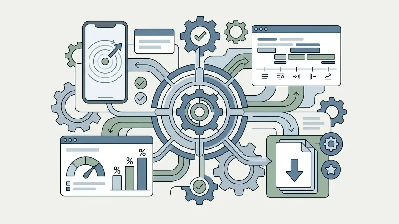 Central gear mechanism connecting a smartphone, video timeline, analytics dashboard, and file download icon