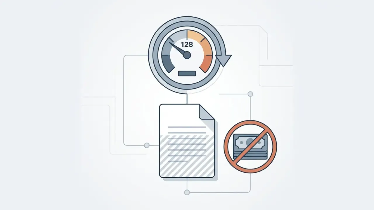 Speedometer gauge showing 128 limit above a document and a prohibited symbol over a stack of cash