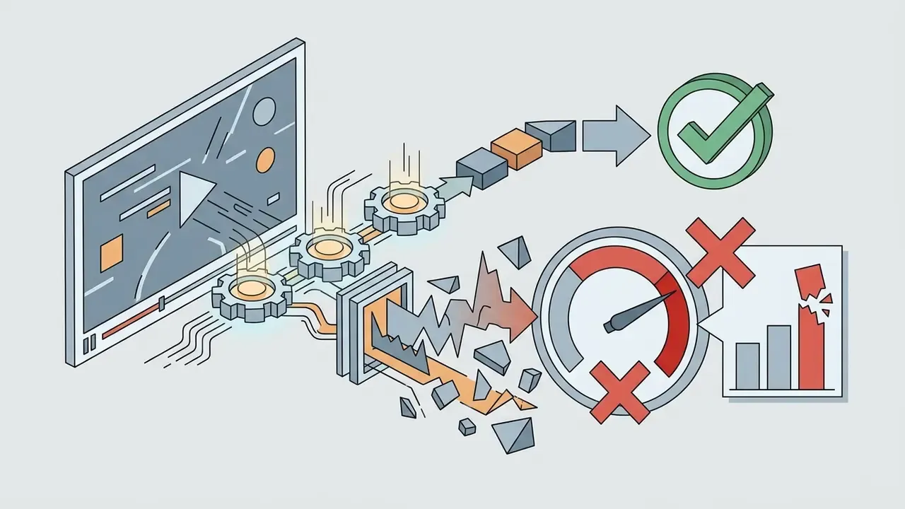 Video player feeding into gears that split into accurate data paths and broken error-prone analysis