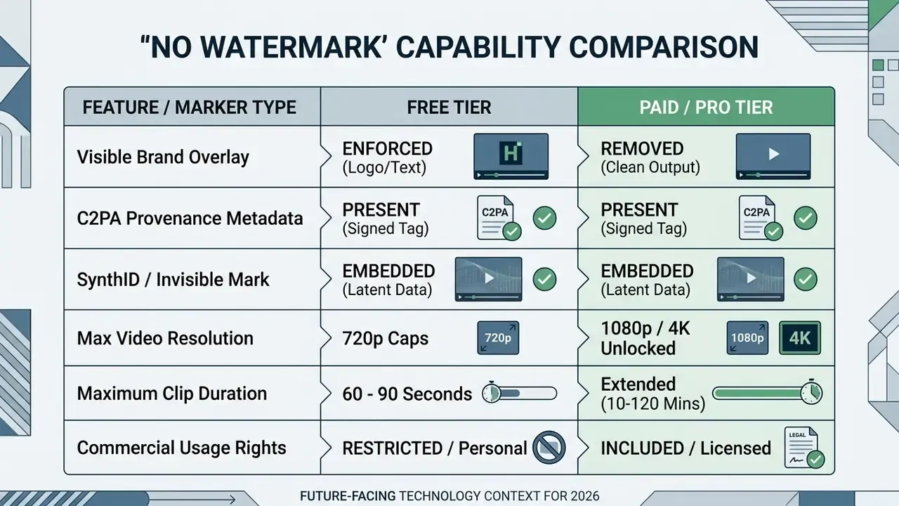 Comparison table contrasting AI watermark and export limits between free and paid subscription tiers