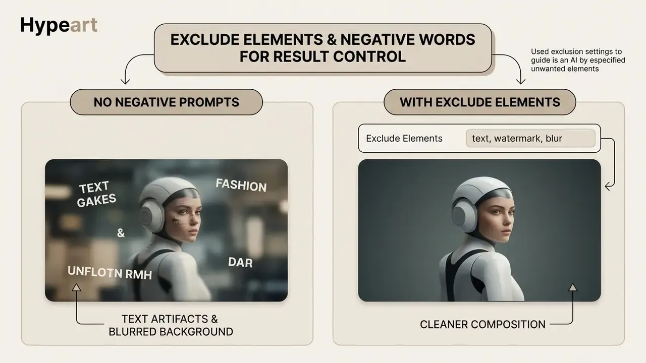 Visual comparison showing how exclusion settings remove artifacts and blur from generated portraits