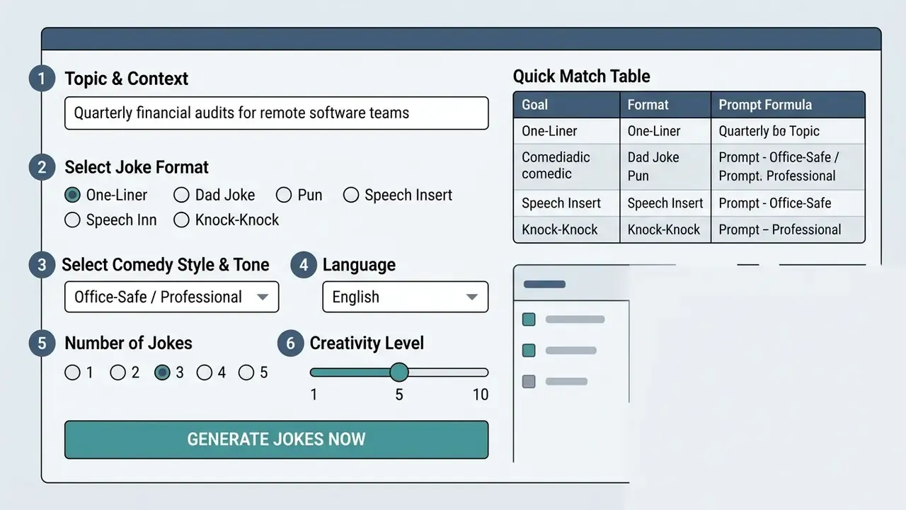 Web interface for an AI joke generator with input fields for topic, format, style, and creativity settings