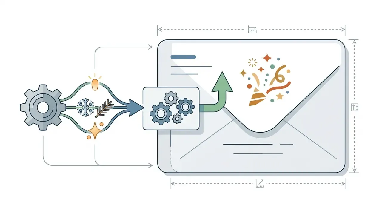 Gear mechanism processing seasonal symbols into a festive greeting card design