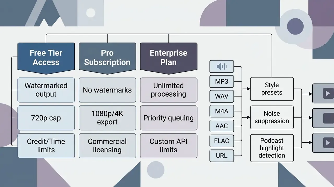 Comparison table showing feature differences between subscription tiers for an AI audio to video generator