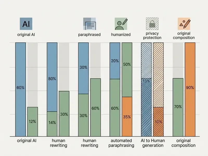 Bar graph comparing detection percentages across various text modification methods and writing styles
