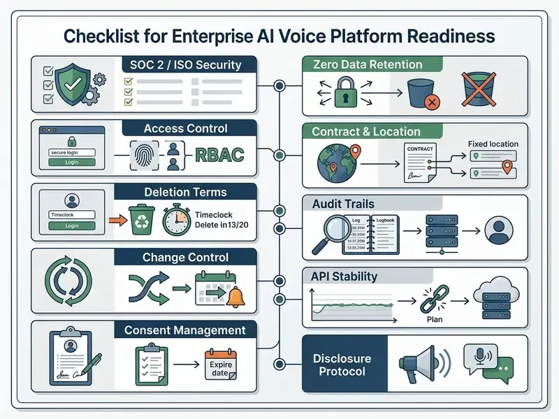 Ten-point checklist infographic detailing security, data retention, and compliance for corporate voice systems