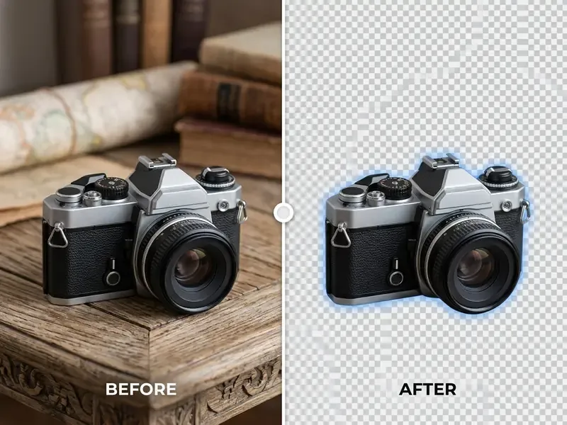 Comparison of a vintage camera on a wooden table before and after background removal
