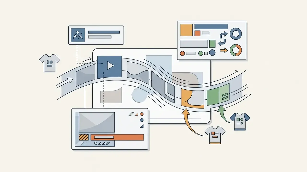 Curved film strip connecting jersey icons and data charts to a video editor interface with overlays
