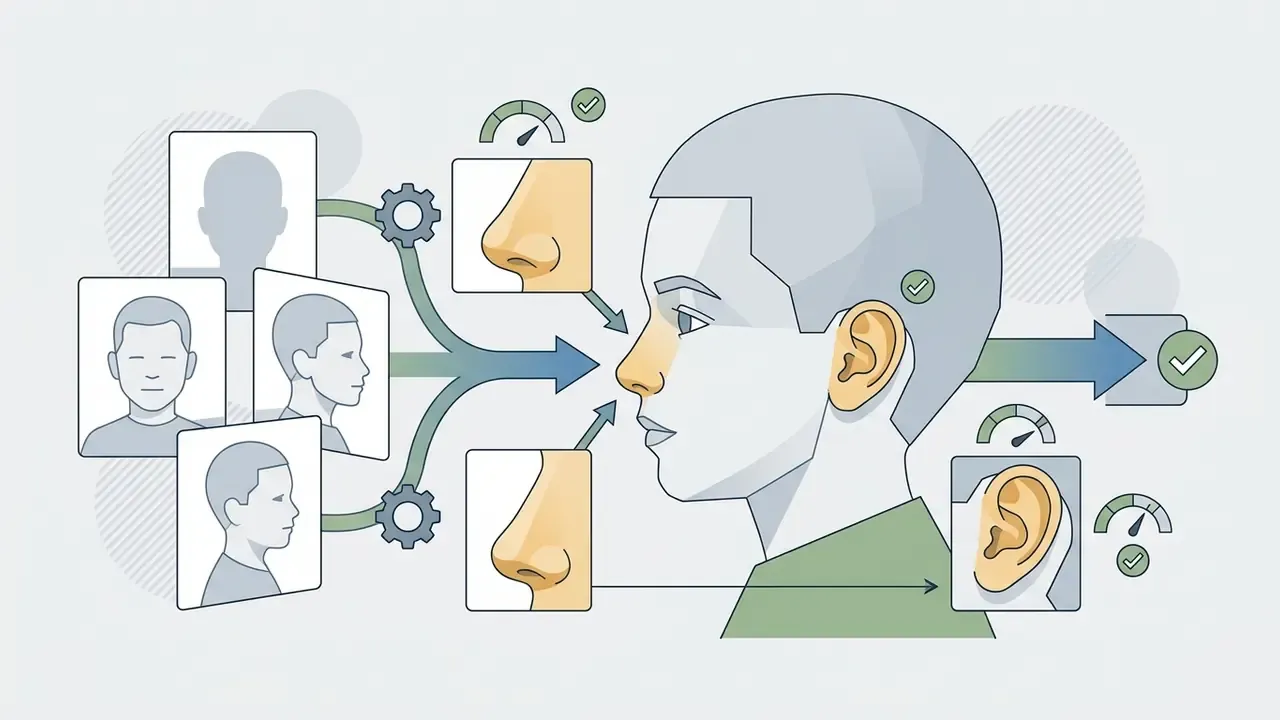 Multiple head profile photos being processed to map specific nose and ear features onto a composite portrait