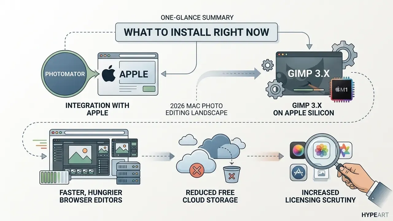 Infographic showing trends in Mac photo editor software including Apple integration and cloud storage changes
