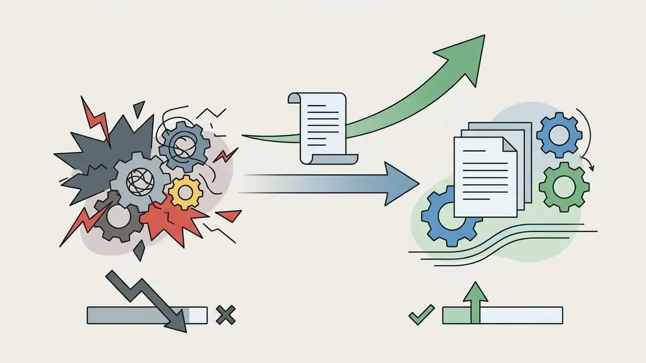 Chaotic gears transitioning to organized documents with upward growth and reduced frustration indicators