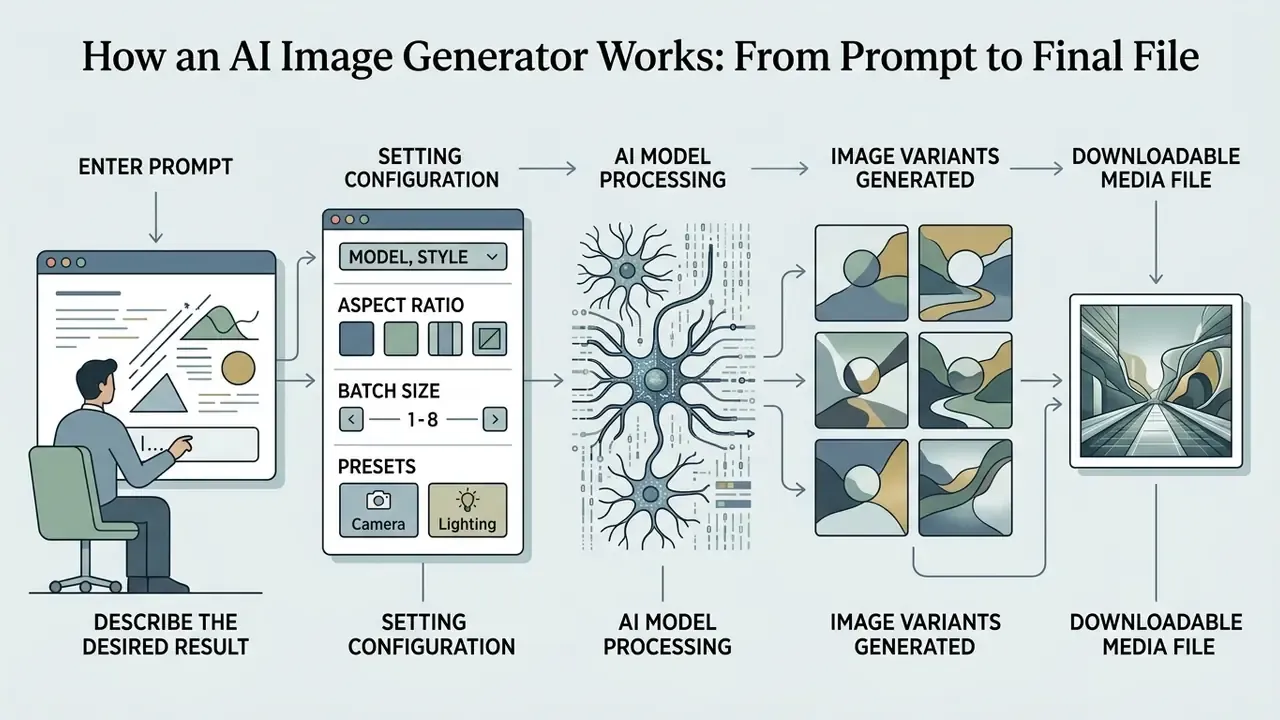 Diagram showing the workflow of an AI image generator from prompt input to final file download