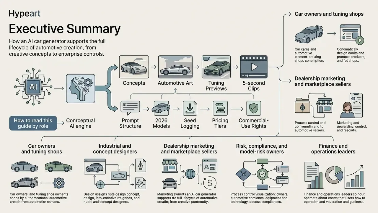 Flowchart illustrating how an AI car generator supports the full automotive creation lifecycle