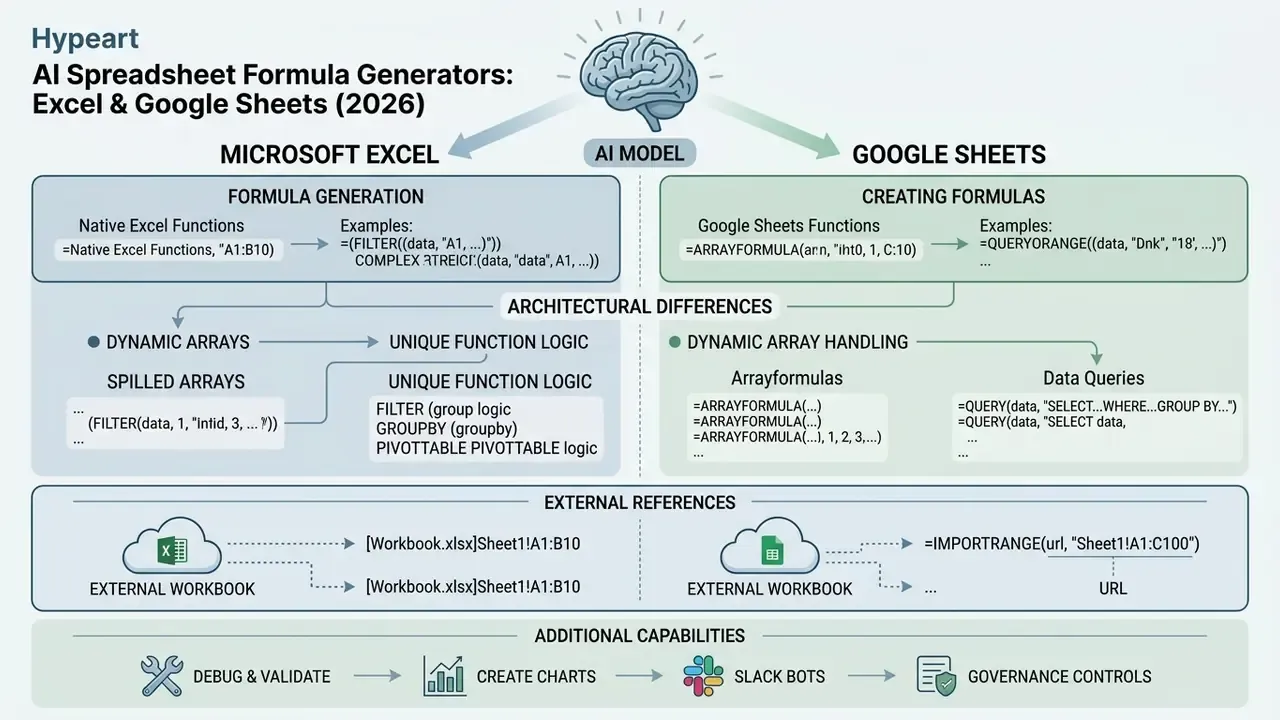 Comparison infographic detailing how an AI model generates distinct spreadsheet functions for Excel and Google Sheets