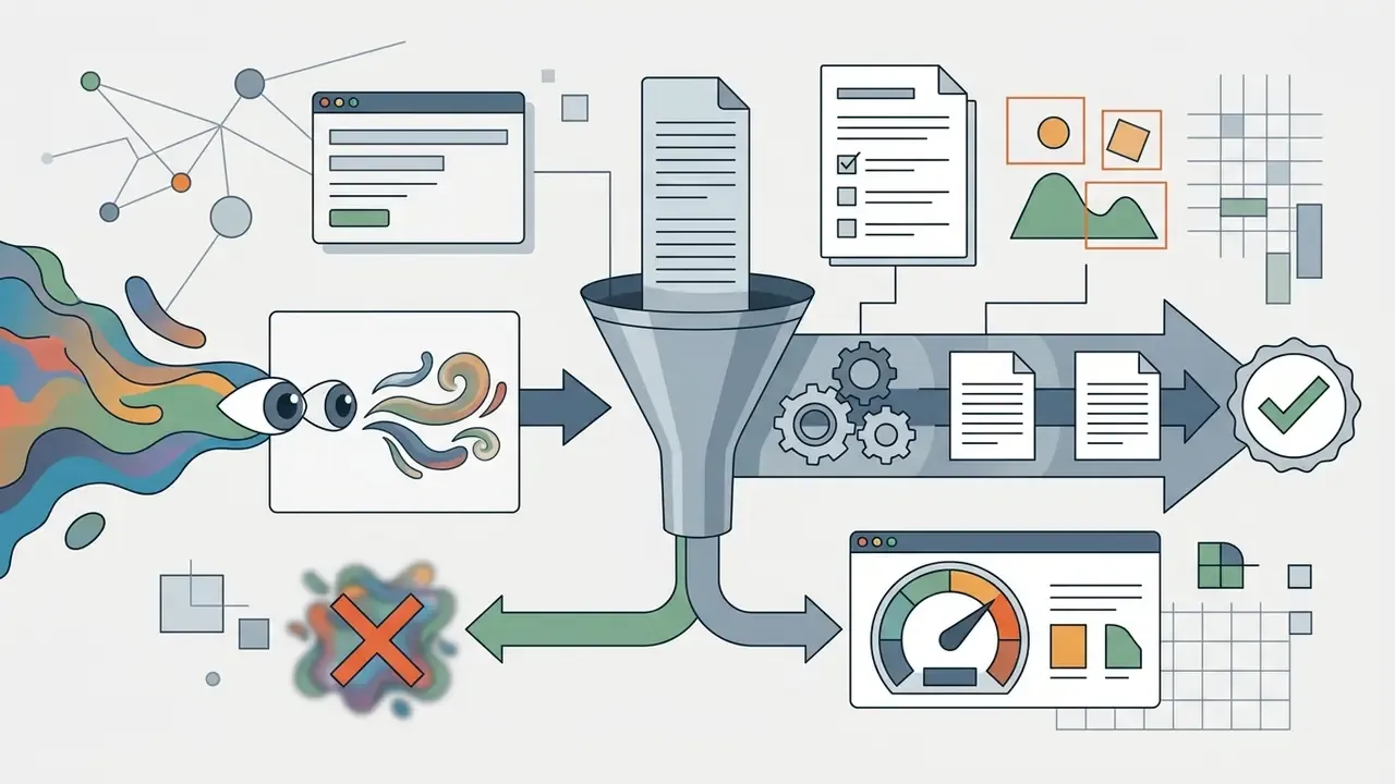 Abstract visual showing data flowing through a funnel into a testing process with a gauge and checkmark