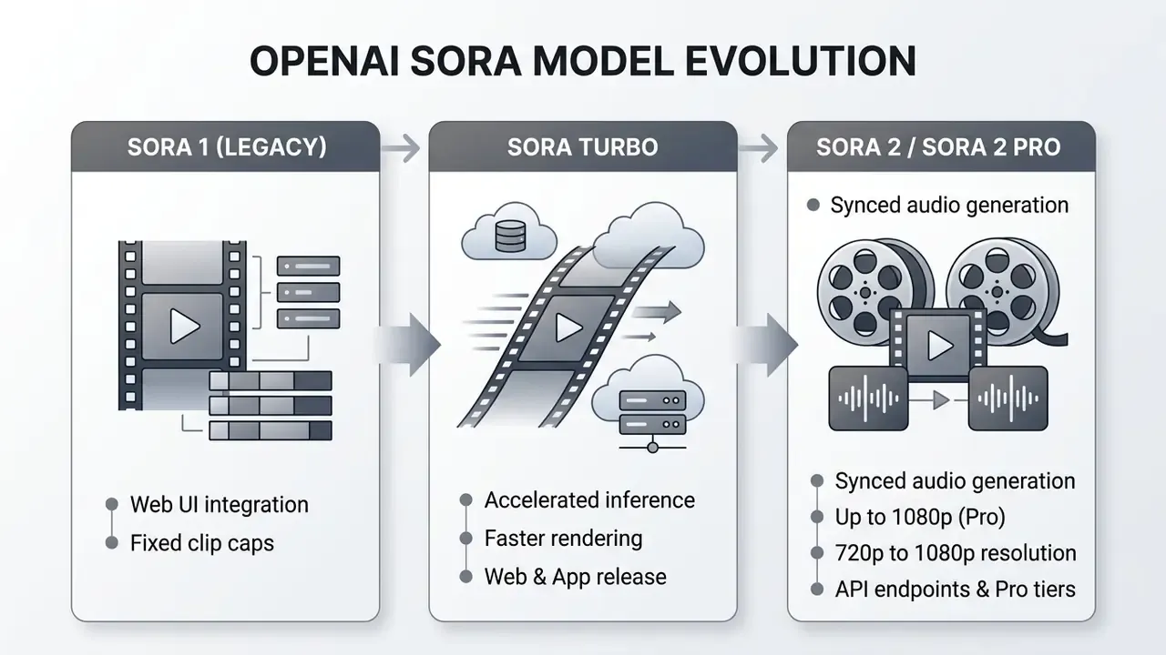 Flowchart comparing the development stages and feature sets of Sora 1, Sora Turbo, and Sora 2 models