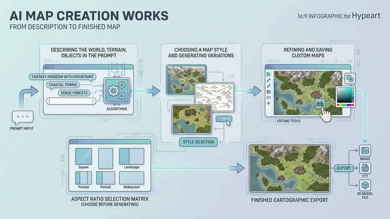 Infographic showing the process of turning text prompts into refined cartographic exports via AI