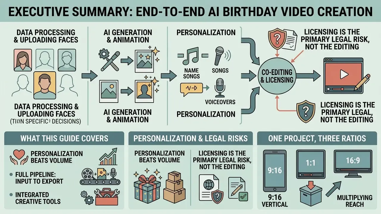 Infographic showing the end-to-end AI birthday video maker pipeline from data processing to final export