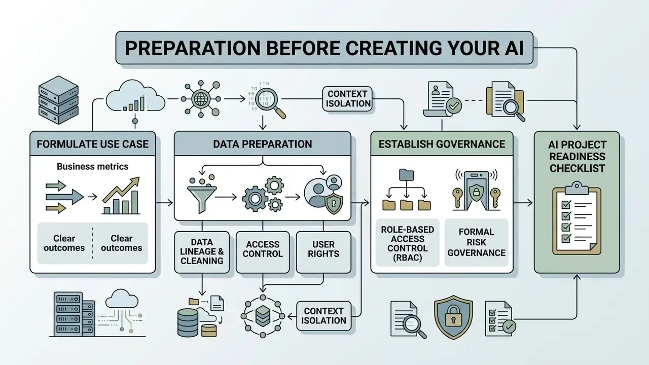 Process map detailing steps for data preparation, governance, and project readiness to create AI