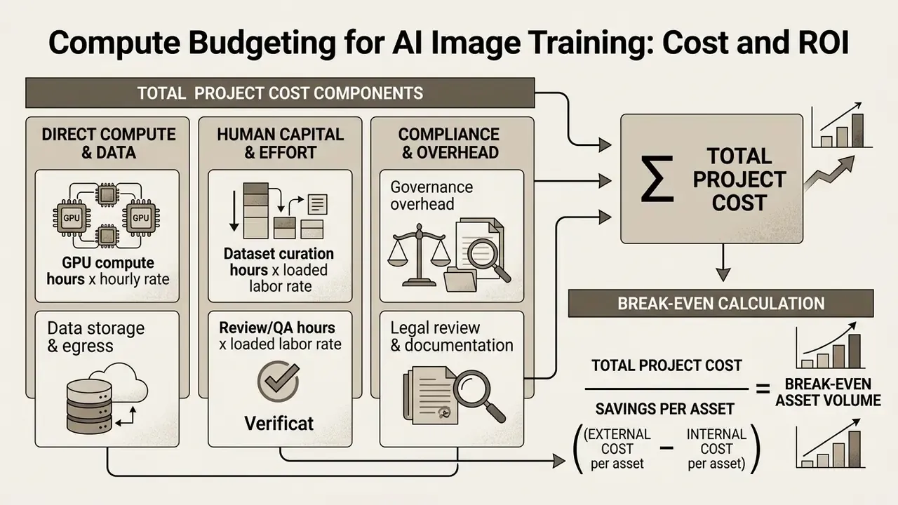 Breakdown of project costs including compute, human labor, and overhead leading to a break-even calculation