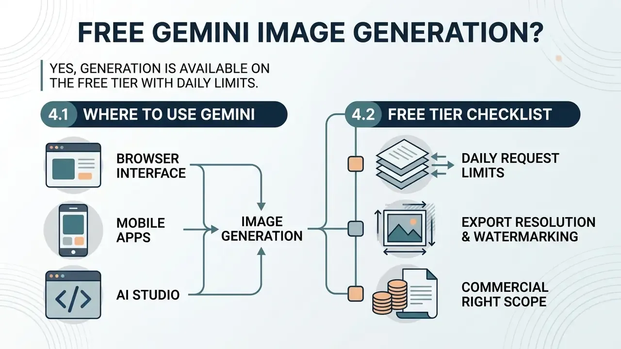 Infographic showing platforms for image creation and a checklist of considerations for the free tier