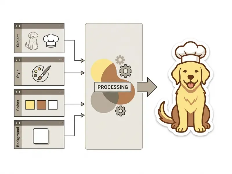 Visual representation of an AI sticker generator processing prompt components into a chef dog sticker