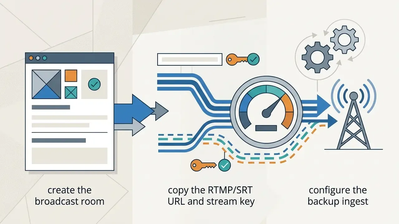 Browser window connecting to stream keys and a speedometer gauge that feeds into a broadcast tower