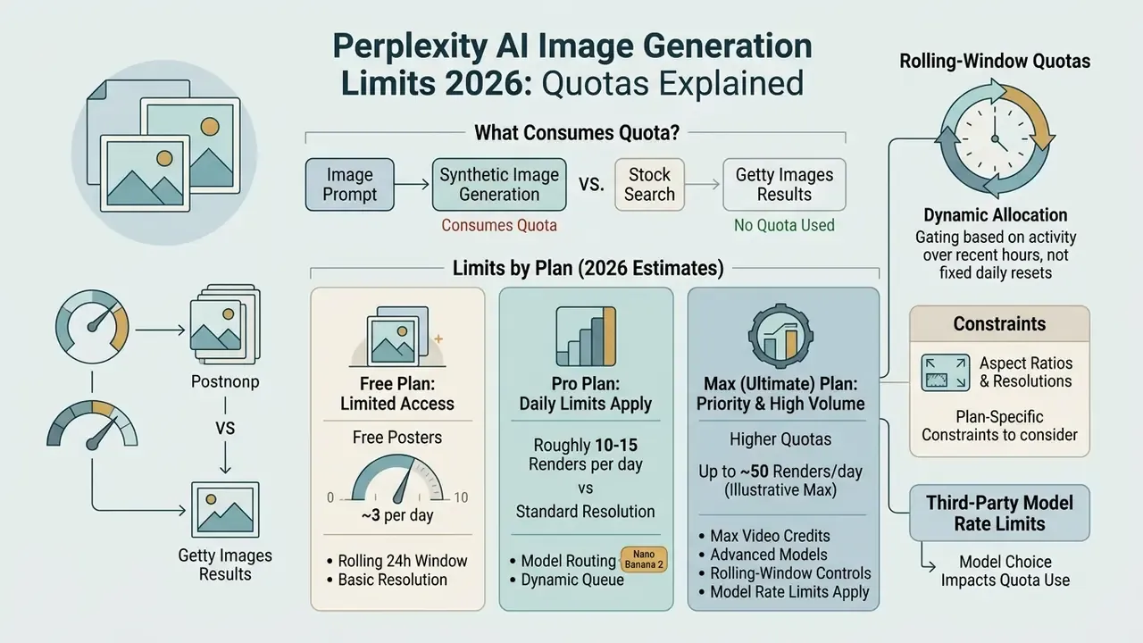 Infographic detailing how Perplexity AI image generation limits vary by plan and usage type