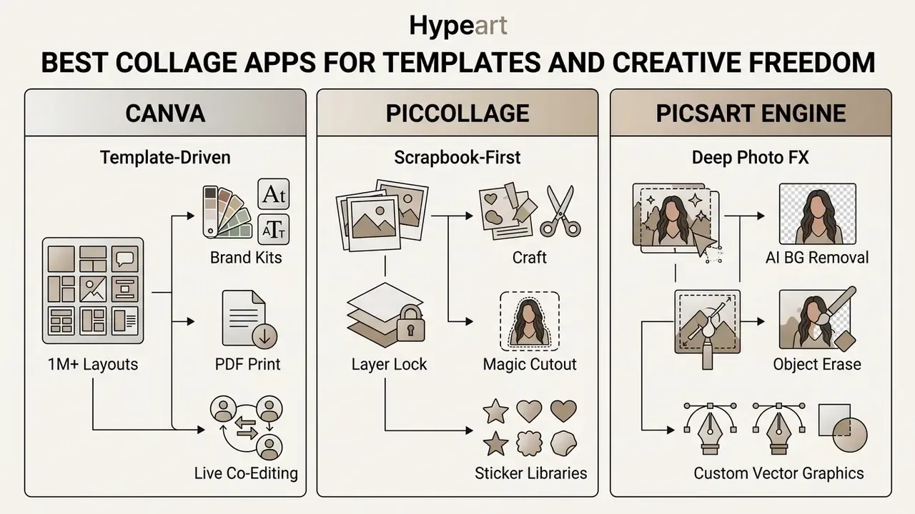 Comparison chart detailing features for Canva, PicCollage, and Picsart Engine photo collage apps