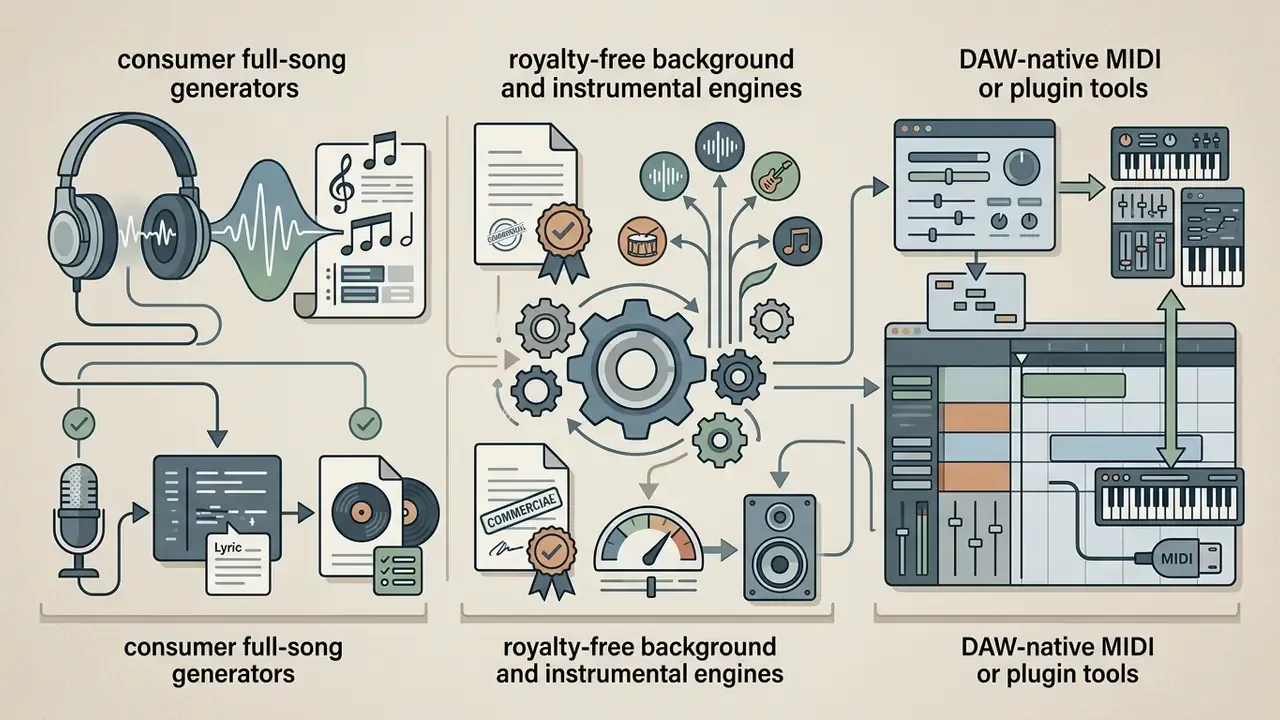 Three distinct categories of music production software illustrated with icons for audio and MIDI workflows