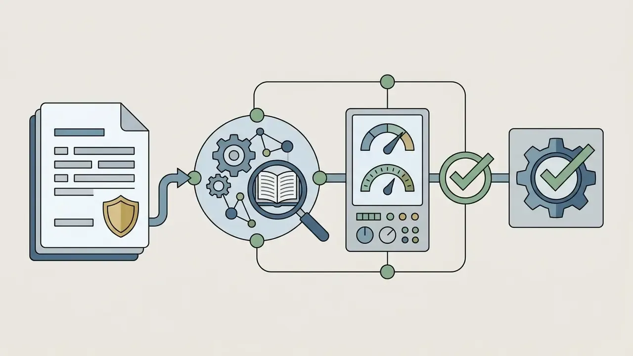 Protected document feeding into a research hub with a magnifying glass that outputs to compliance gauges