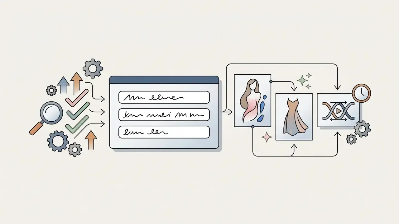 Magnifying glass and gears feeding text prompts into a system that generates stylized doll imagery