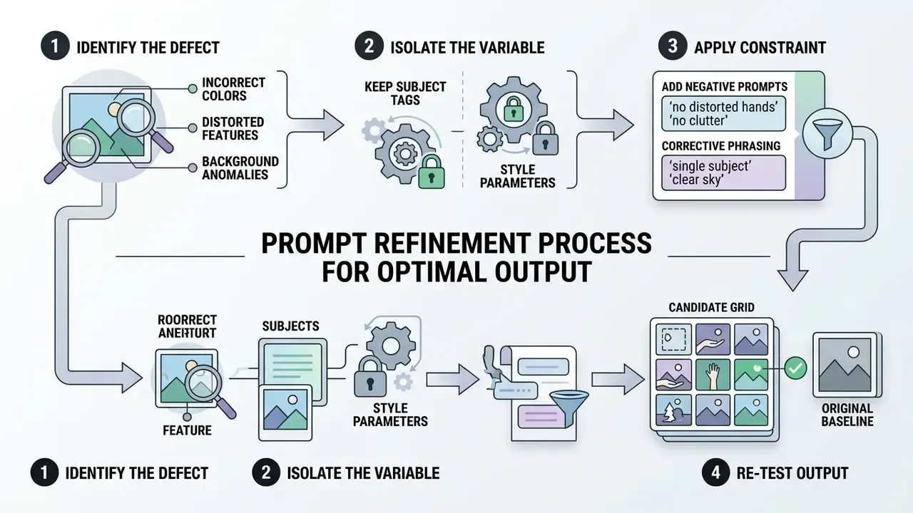 Step-by-step diagram detailing the iterative process of identifying defects and applying constraints