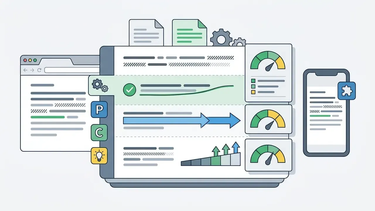Dashboard interface with text editing tools, performance gauges, and browser and mobile app views