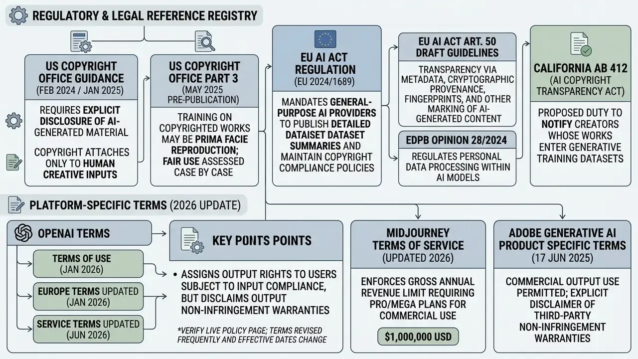Flowchart comparing global AI regulations and platform-specific terms regarding copyright and AI stealing art