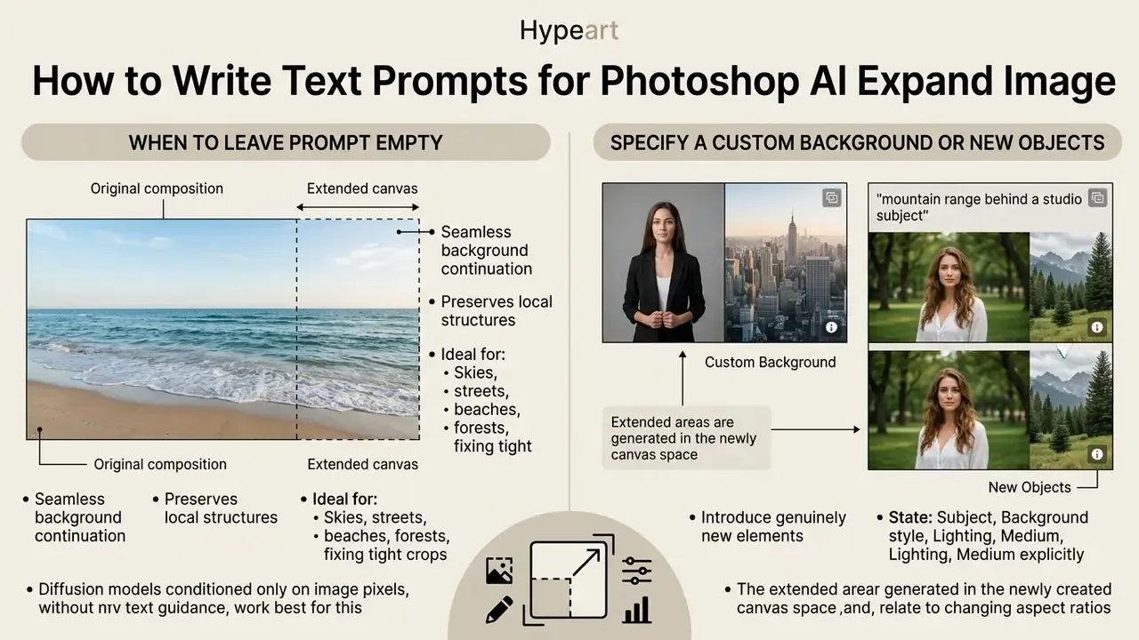 Infographic comparing empty prompts for seamless expansion versus specific prompts for adding new objects