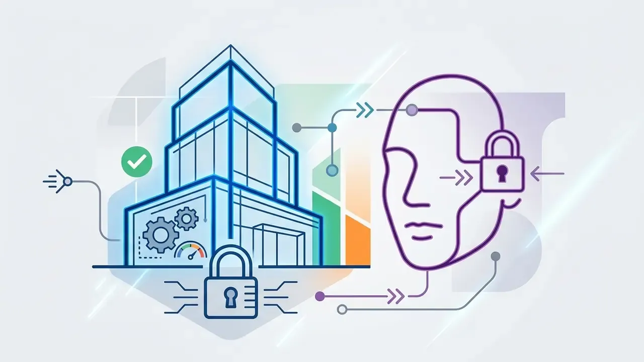 Outline of a building and a human face connected by digital lines and secured with padlock icons