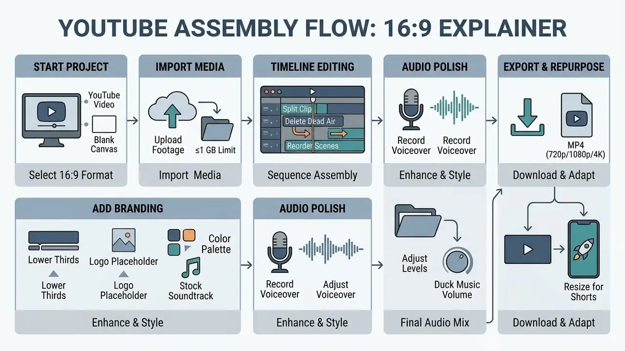Step-by-step diagram showing the Adobe Express video creation process from project start to final export