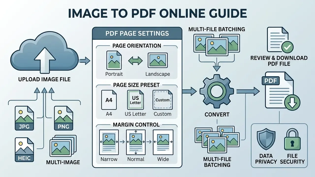 Infographic showing the steps to upload images, adjust PDF page settings, convert, and download files