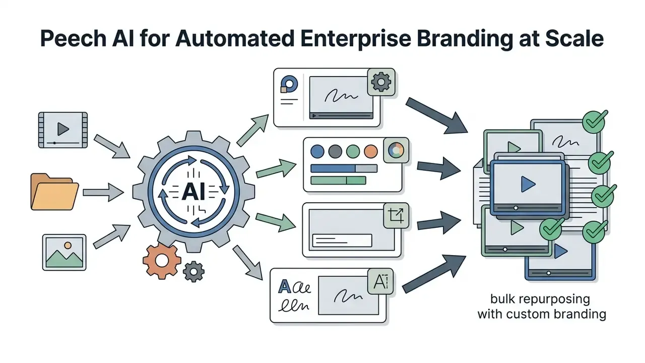 Media files entering an AI gear system to output branded video assets for bulk repurposing