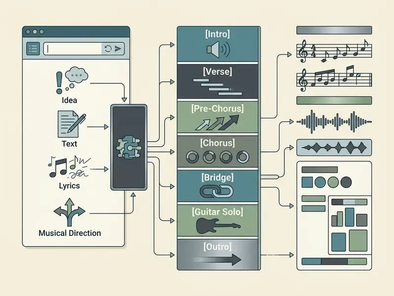 Diagram showing song structure tags connecting user inputs to musical notation and audio waveforms