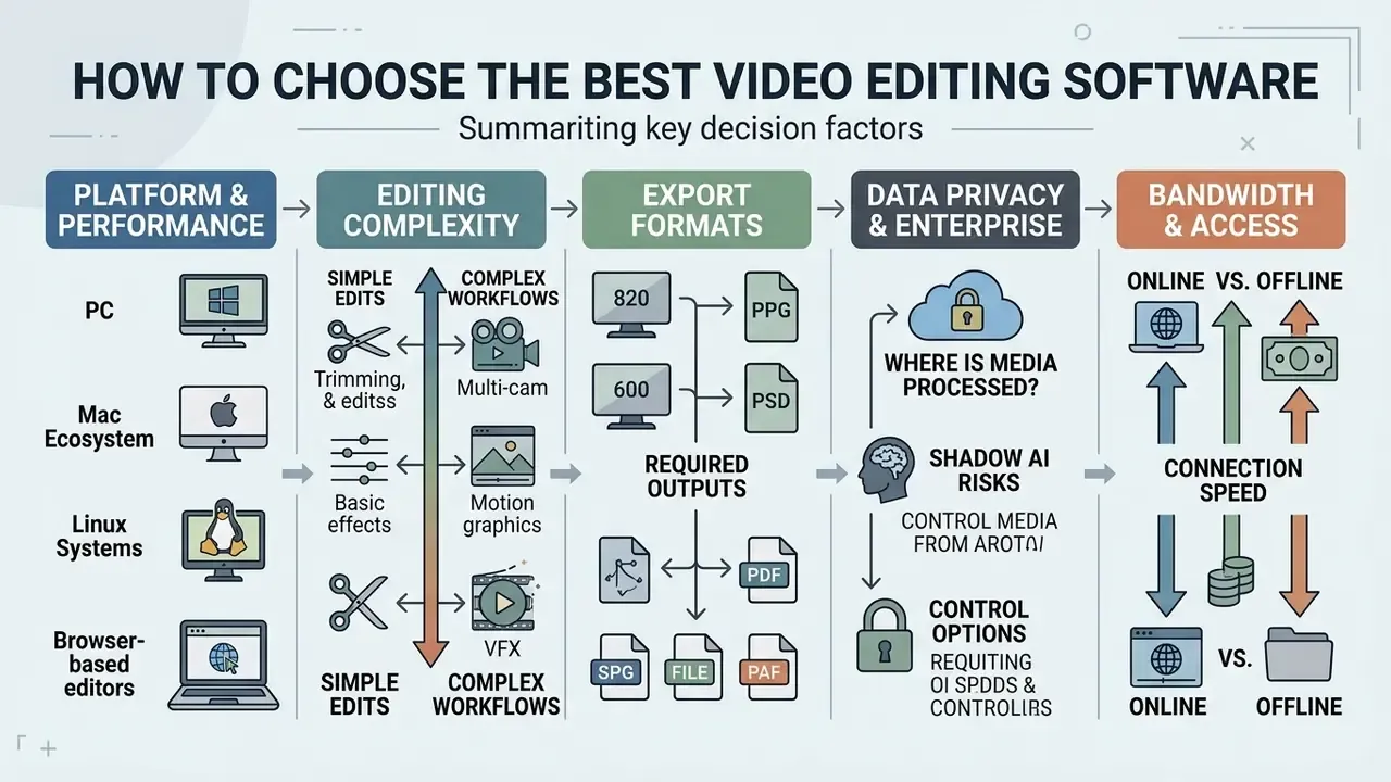 Flowchart outlining criteria like platform, editing complexity, and data privacy for selecting software