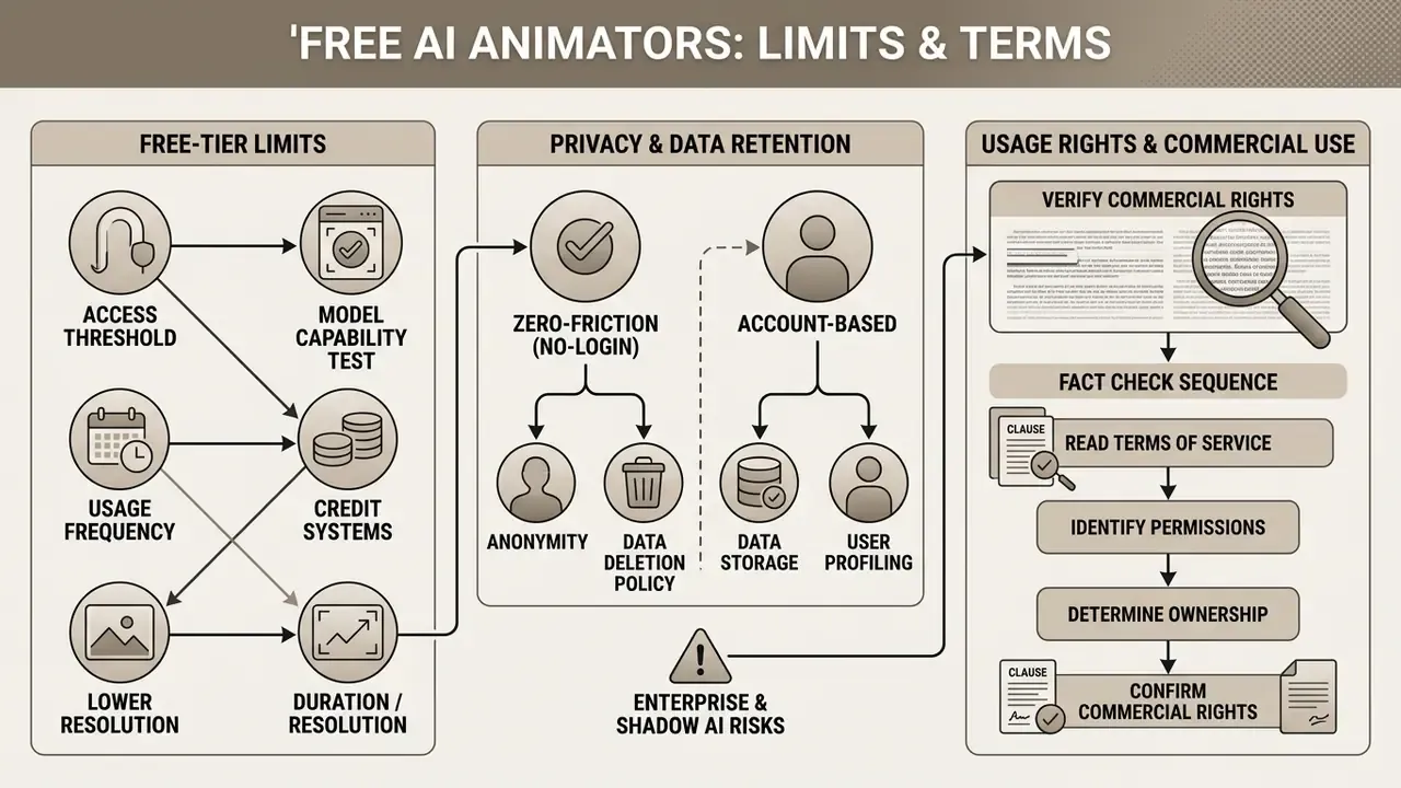Flowchart detailing free animate photo AI tool limits, privacy policies, and commercial usage rights