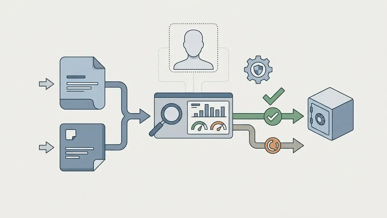 Data files and a user profile icon feeding into a security scanner before reaching a locked vault